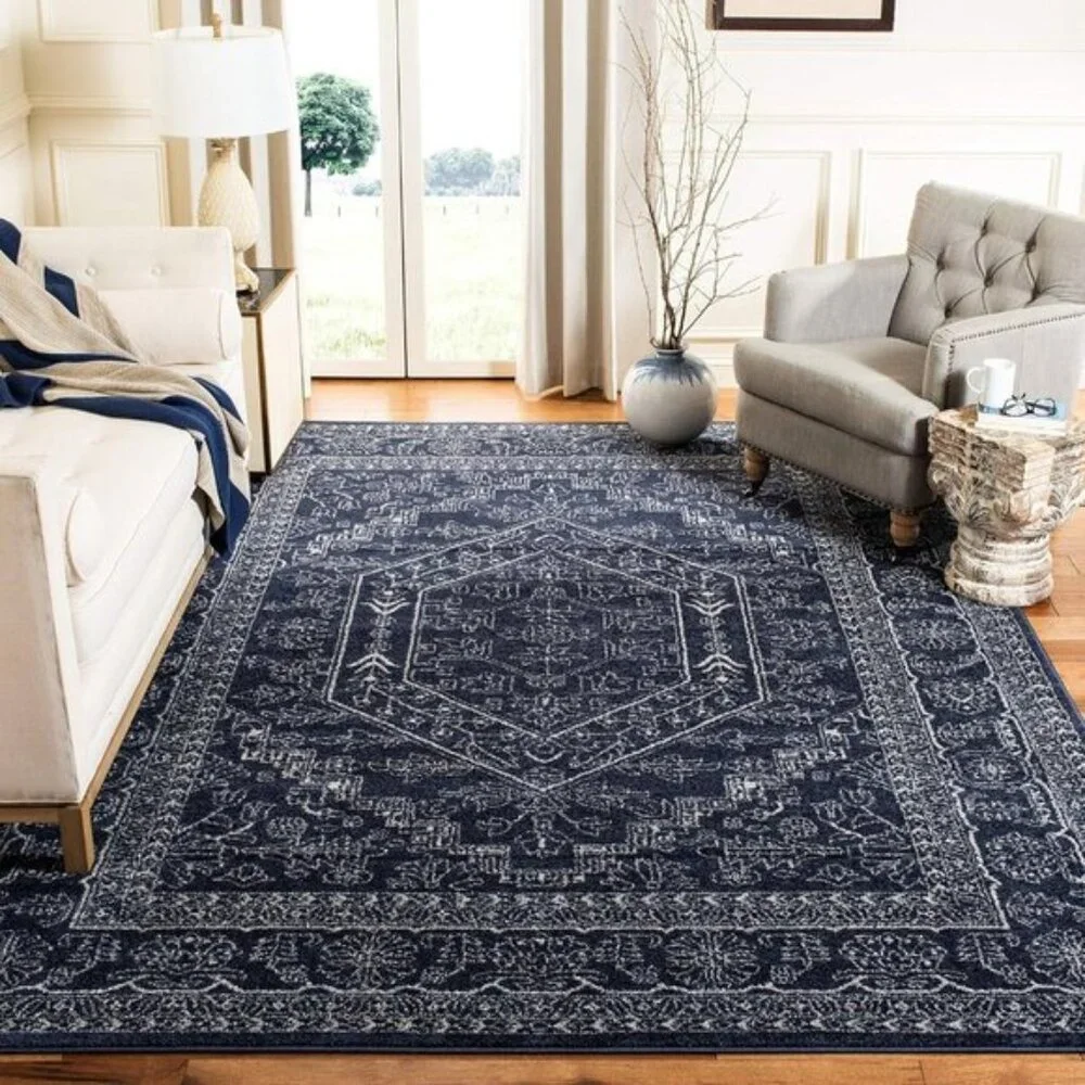 New 8x10 Adirondack Area Rug, Navy Ivory Oriental Medallion, Non-Shedding Carpet